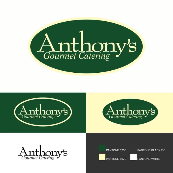 Anthony's Gourmet Catering logo by Brand 9 Signs: a script name inside a green oval, with the Pantone colors