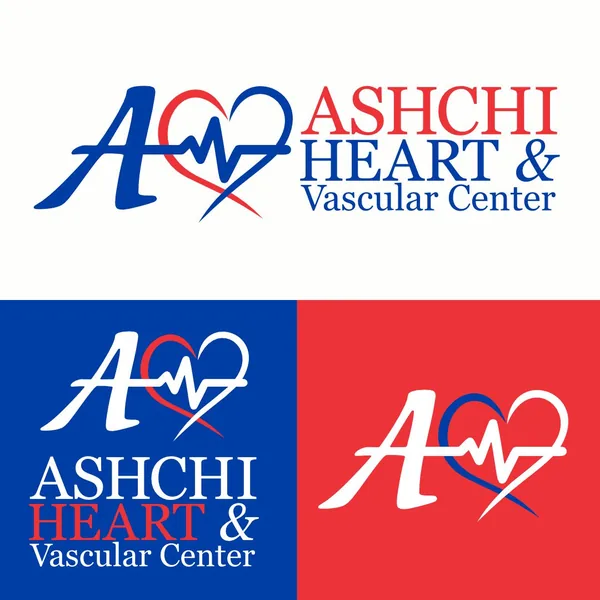 Ashchi Heart and Vascular Center logo by Brand 9 Signs: a script A joined to a heart with a pulse line, in blue and red
