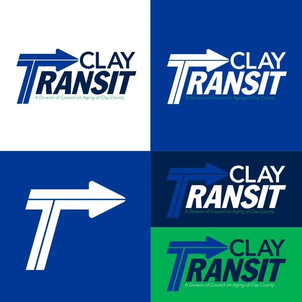 Clay Transit logo by Brand 9 Signs: a forward arrow T leading the name, in blue, navy and green