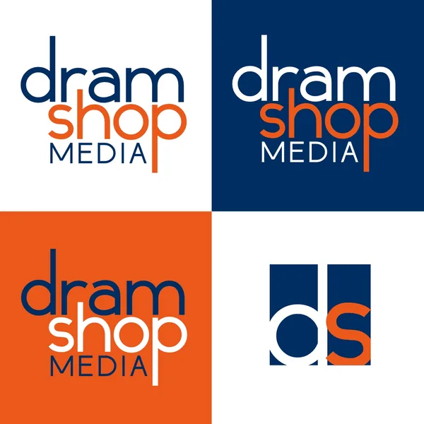 Dram Shop Media logo by Brand 9 Signs: stacked lowercase words with a ds monogram, in blue and orange