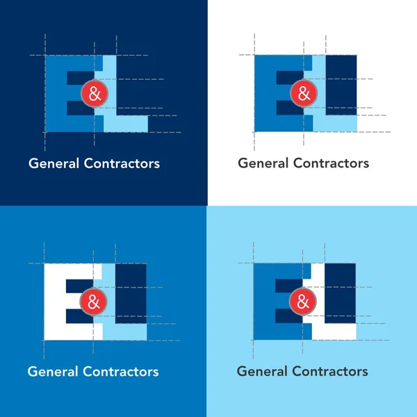 E and L General Contractors logo by Brand 9 Signs: an E and L joined by a red ampersand, in four blue versions