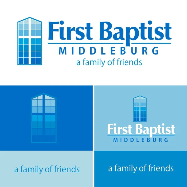 First Baptist Middleburg logo by Brand 9 Signs: a blue window tower mark beside the name and the line a family of friends