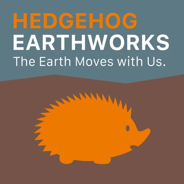 Hedgehog Earthworks identity by Brand 9 Signs: an orange hedgehog on brown earth under the name and the line The Earth Moves with Us