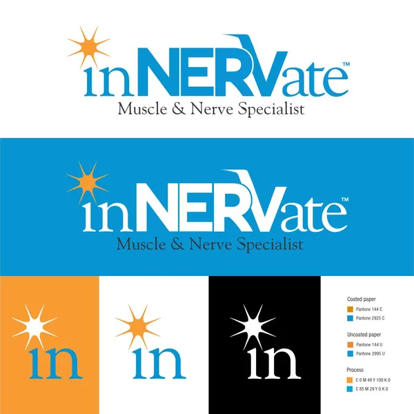 inNERVate Muscle and Nerve Specialist logo by Brand 9 Signs: a spark over the i, with a short color palette sheet
