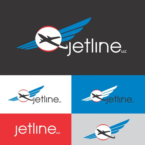 Jetline logo by Brand 9 Signs: a jet crossing a ring with swept blue wings, in four color versions