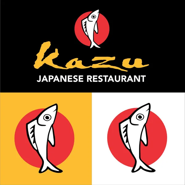 Kazu Japanese Restaurant logo by Brand 9 Signs: a brush-script name and a fish inside a red rising-sun circle, shown on black, yellow and white