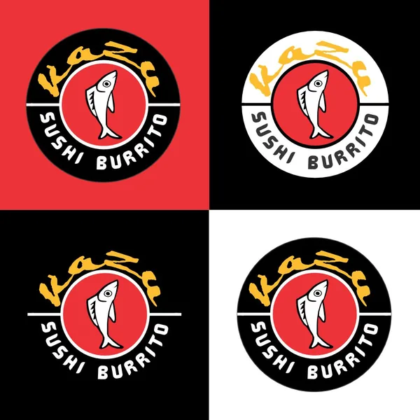 Kazu Sushi Burrito round badge by Brand 9 Signs: the Kazu fish inside a ring of lettering, in four colorways