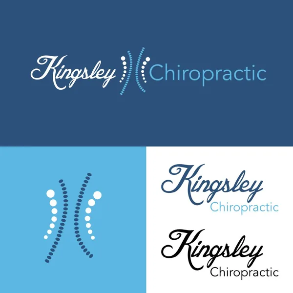 Kingsley Chiropractic logo by Brand 9 Signs: a script name beside a spine drawn as dots, in blue and white versions