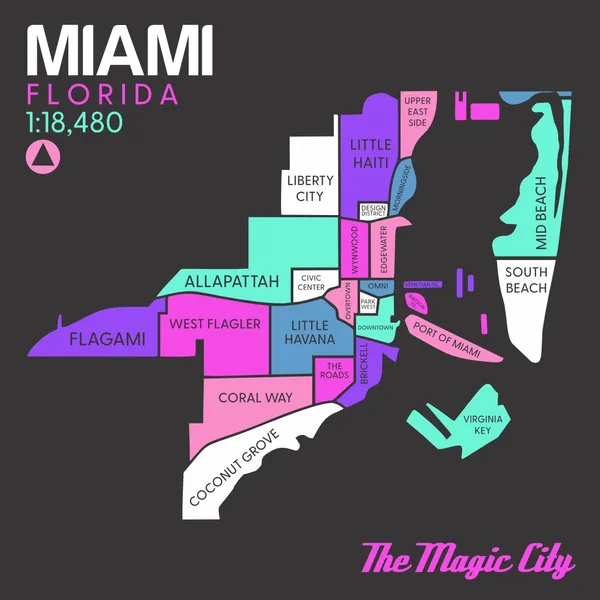 Miami, Florida neighborhood map graphic by Brand 9 Signs in bright color blocks, titled The Magic City