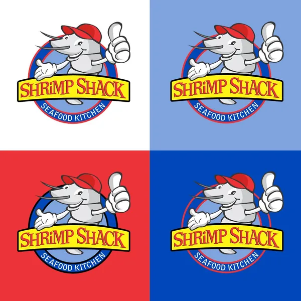 Shrimp Shack Seafood Kitchen badge by Brand 9 Signs: a cartoon shrimp in a cap giving a thumbs up over the name