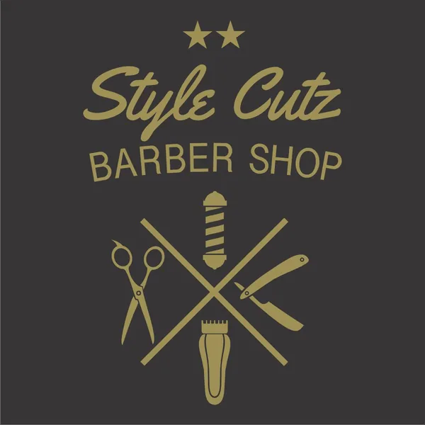 Style Cutz Barber Shop logo by Brand 9 Signs: crossed scissors, razor and clippers under a script name, in gold on charcoal