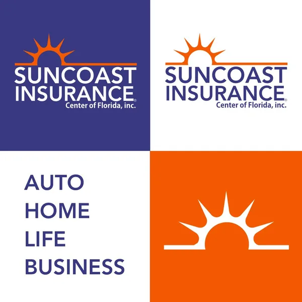 Suncoast Insurance identity by Brand 9 Signs: a rising sun over the name, with Auto, Home, Life and Business set beside it