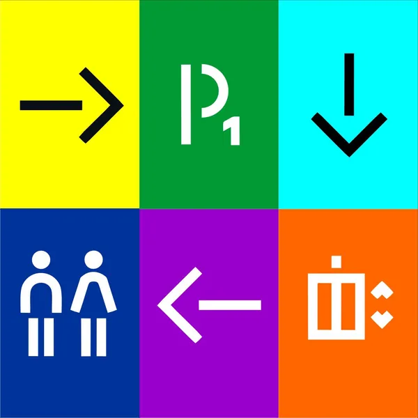 Wayfinding pictogram set by Brand 9 Signs: arrows, parking, restrooms and directory icons in bold color blocks