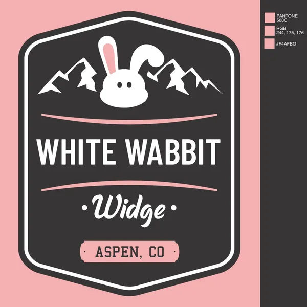 White Wabbit Widge, Aspen, Colorado badge by Brand 9 Signs: a rabbit over mountains inside a shield