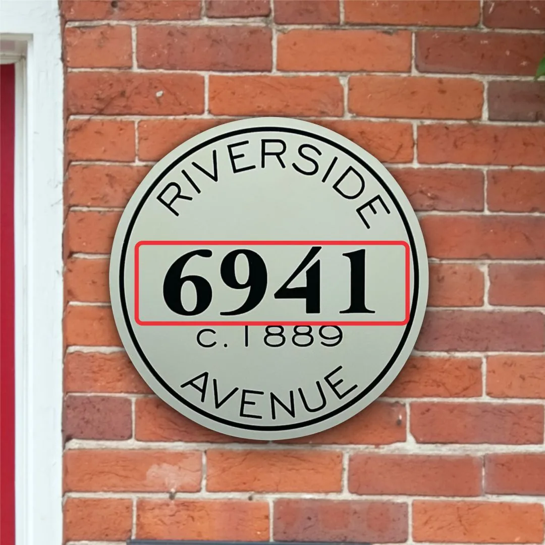 Round historic sign design with the house number highlighted
