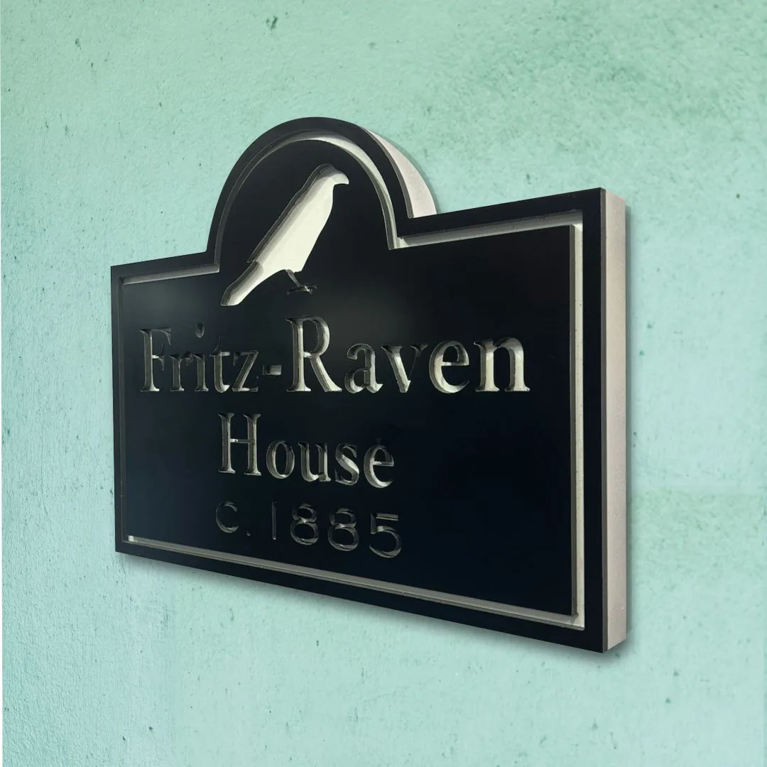 Fritz-Raven House c.1885 shaped historic sign with a raven crest