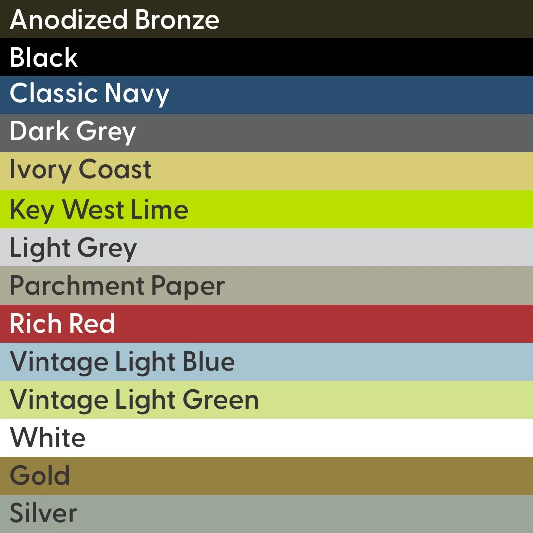 Sign face color options from anodized bronze and black to vintage light green, gold and silver