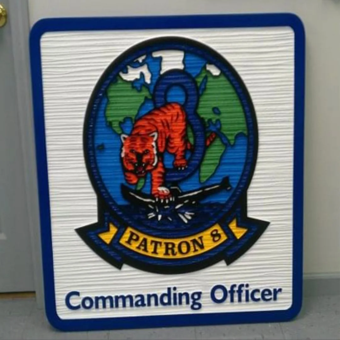 Routed Patron 8 tiger crest with a Commanding Officer title on the same panel, VP-8