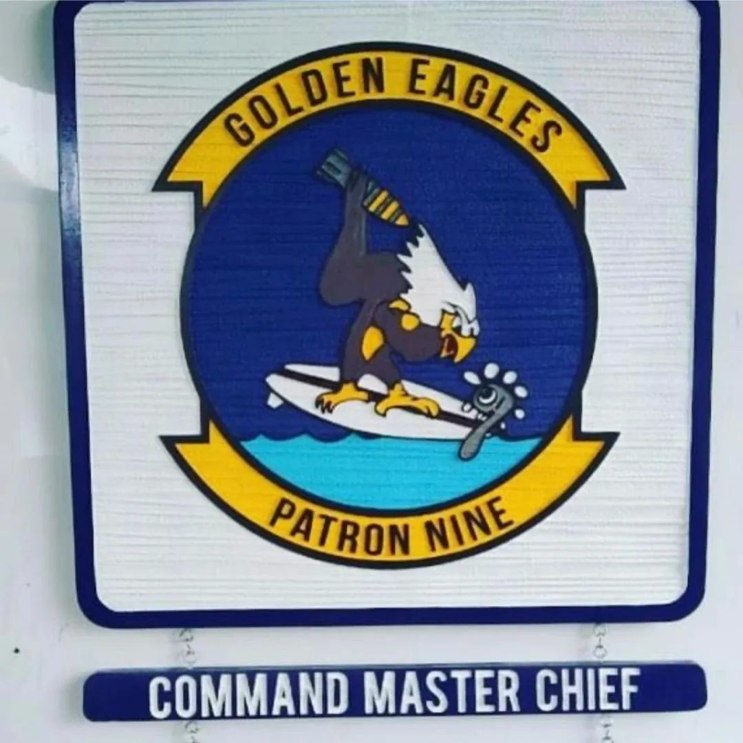 Routed Golden Eagles Patron Nine crest above a Command Master Chief title plate, VP-9