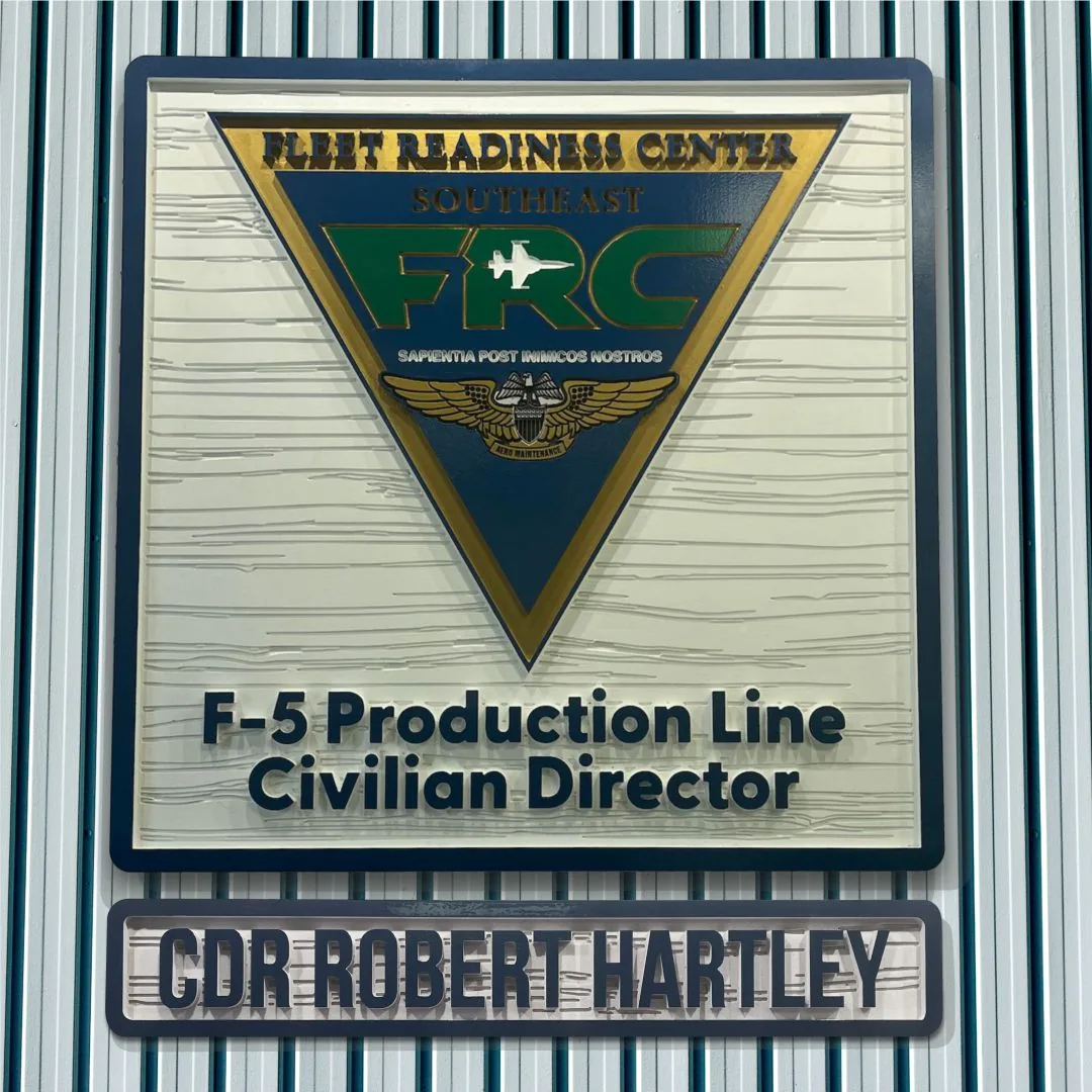 Routed Fleet Readiness Center F-5 Production Line Civilian Director crest above a dimensional name sign reading CDR Robert Hartley
