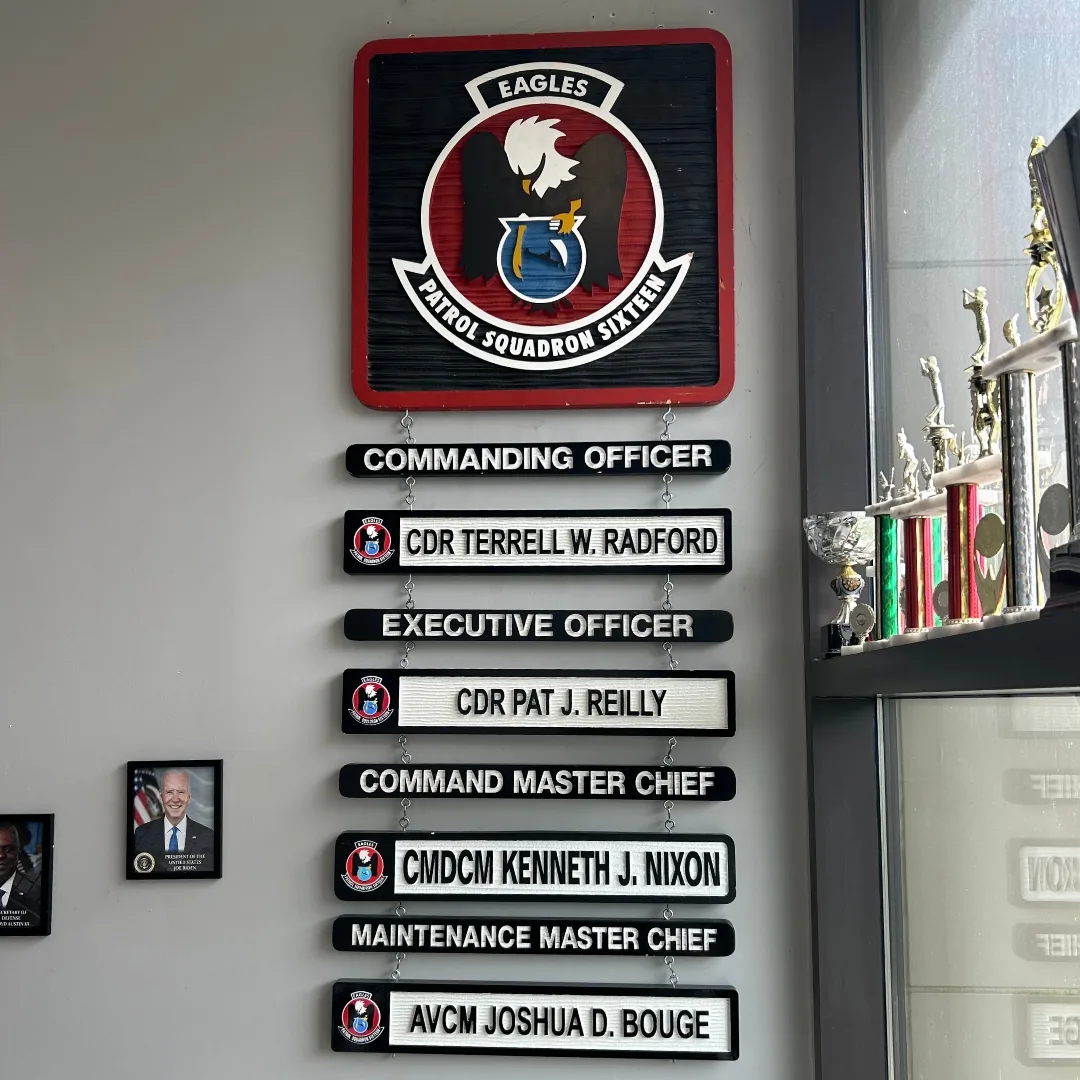 Patrol Squadron Sixteen Eagles emblem above title and name plates for the commanding officer, executive officer, command master chief and maintenance master chief