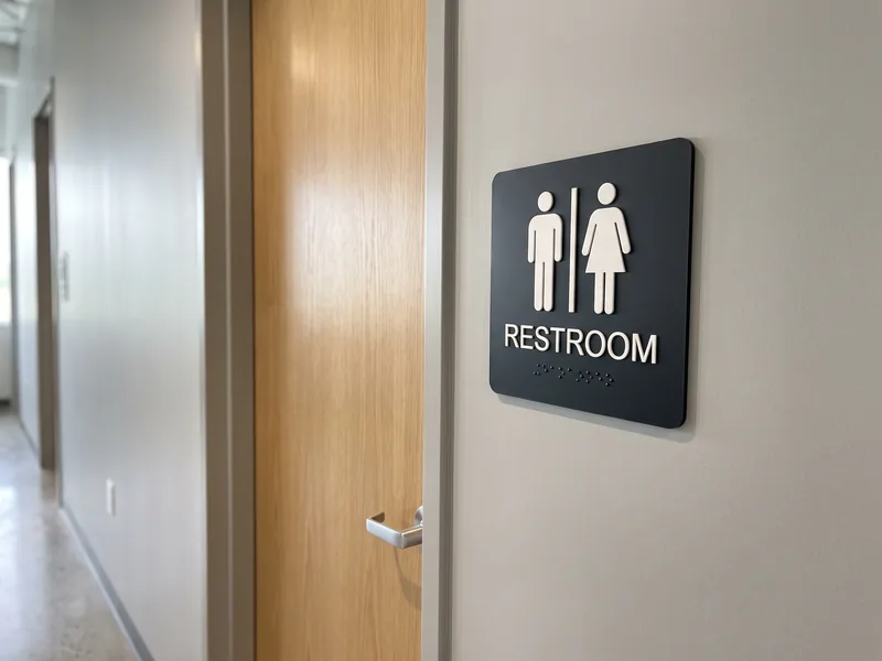 Black ADA restroom sign with white raised lettering, men and women pictograms and braille below the text, beside an office door
