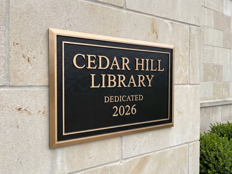 Cast bronze plaque reading CEDAR HILL LIBRARY, DEDICATED 2026 in raised bronze letters on a black leatherette background with a beveled border, mounted on a limestone wall beside a boxwood hedge