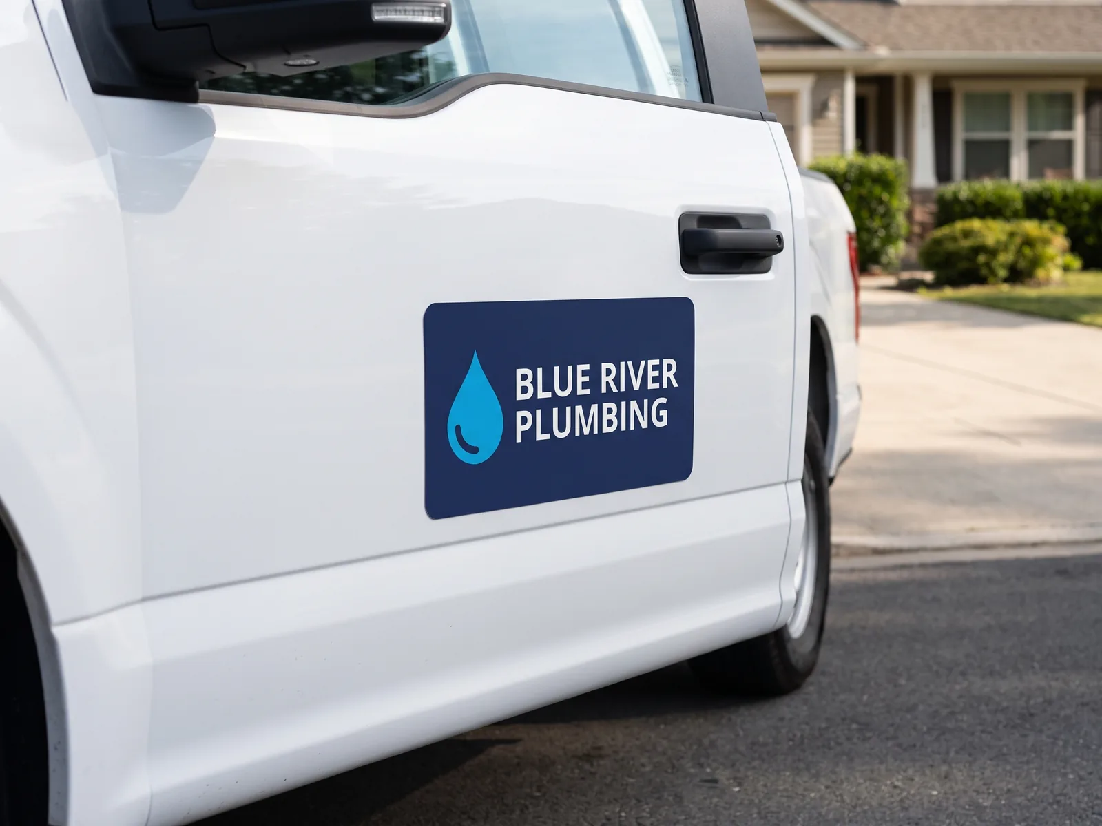 Full-color 24 x 12 in magnet on the flat door panel of a white work truck