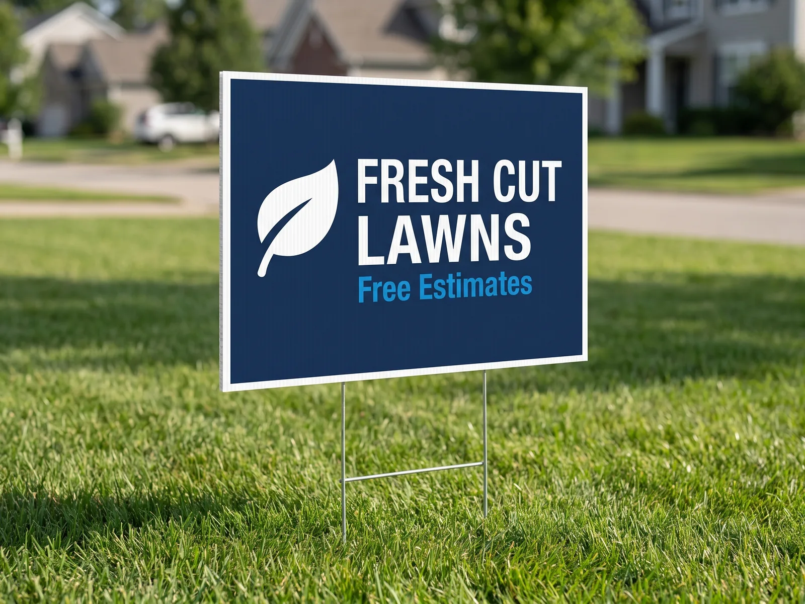 Full-color 24 x 18 in coroplast yard sign on a wire step stake in a front lawn